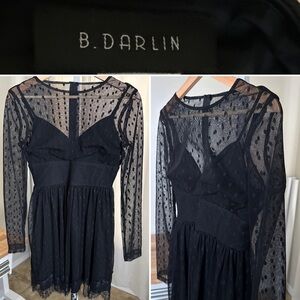 B Darlin Women Black Flocked Polka Dots A-Line Sheer Lace Dress Size 7/8